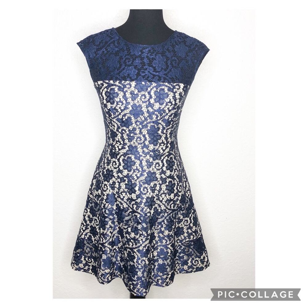 Kay Unger‎ navy blue cream floral lace overlay fit & flare dress size 4